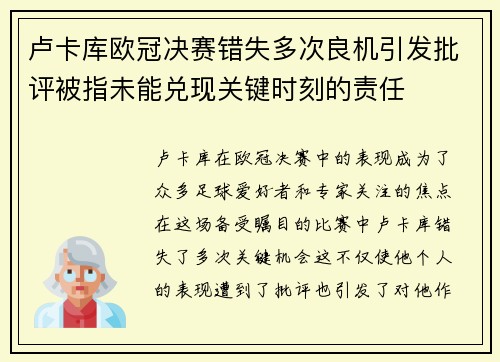 卢卡库欧冠决赛错失多次良机引发批评被指未能兑现关键时刻的责任